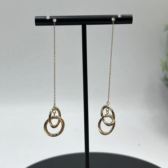 JCM 14K Yellow Gold Double Hoop Circles Dangle Threader Pierced Earrings - Picture 1 of 7